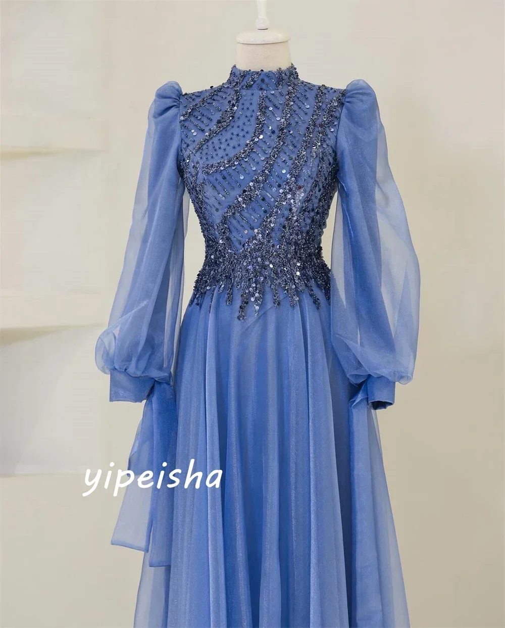 Customized Elegant And Shiny High Neck Organza Dress With Sequins, Luxurious Dress, Showcasing Aristocratic Style Nique Design,