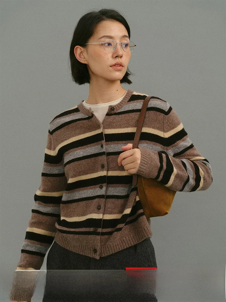 

00% Wool Knitted Open Cardigan Women's Vintage round Ne Single Button Stripe Color Blo Soft Winter Commute Sle Top