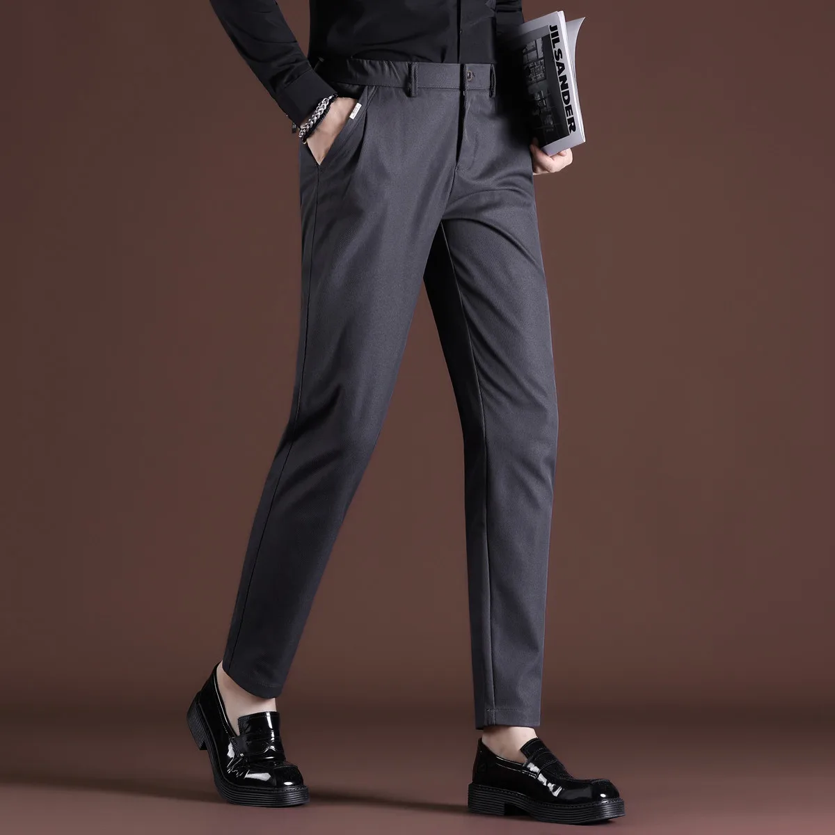 

Autumn Winter Suit Pants Men's Waist Elastic Casual Pants Solid Color Versatile Business Social Ankle Length Formal Trousers