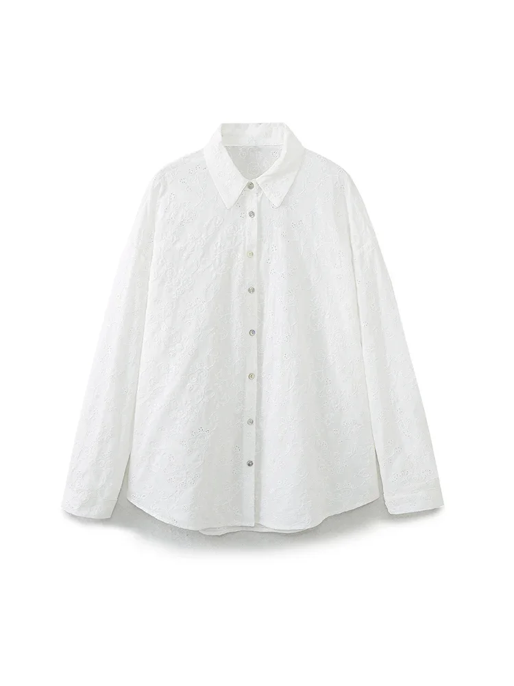 Blusa retro de manga larga con solapa para mujer, blusa elegante bordada, top calado a la moda, novedad de primavera 2024