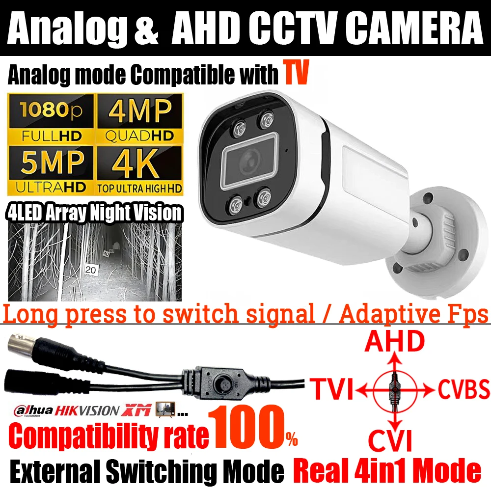 4Array Lights 4MP/5MP Ultra AHD Camera 4K 1080P TVI/CVI/Analog 4in1 OSD Switch HD Infrared Monitor Waterproof In/Outdoor Bracket