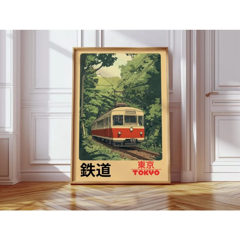 1 szt. Bezramowy Retro Plakat Tokijskiej Kolei Vintage Japoński Pociąg Sceniczny Japonia Podróż Płótno Tokio Kolej Dekoracja Ścienna Styl Anime