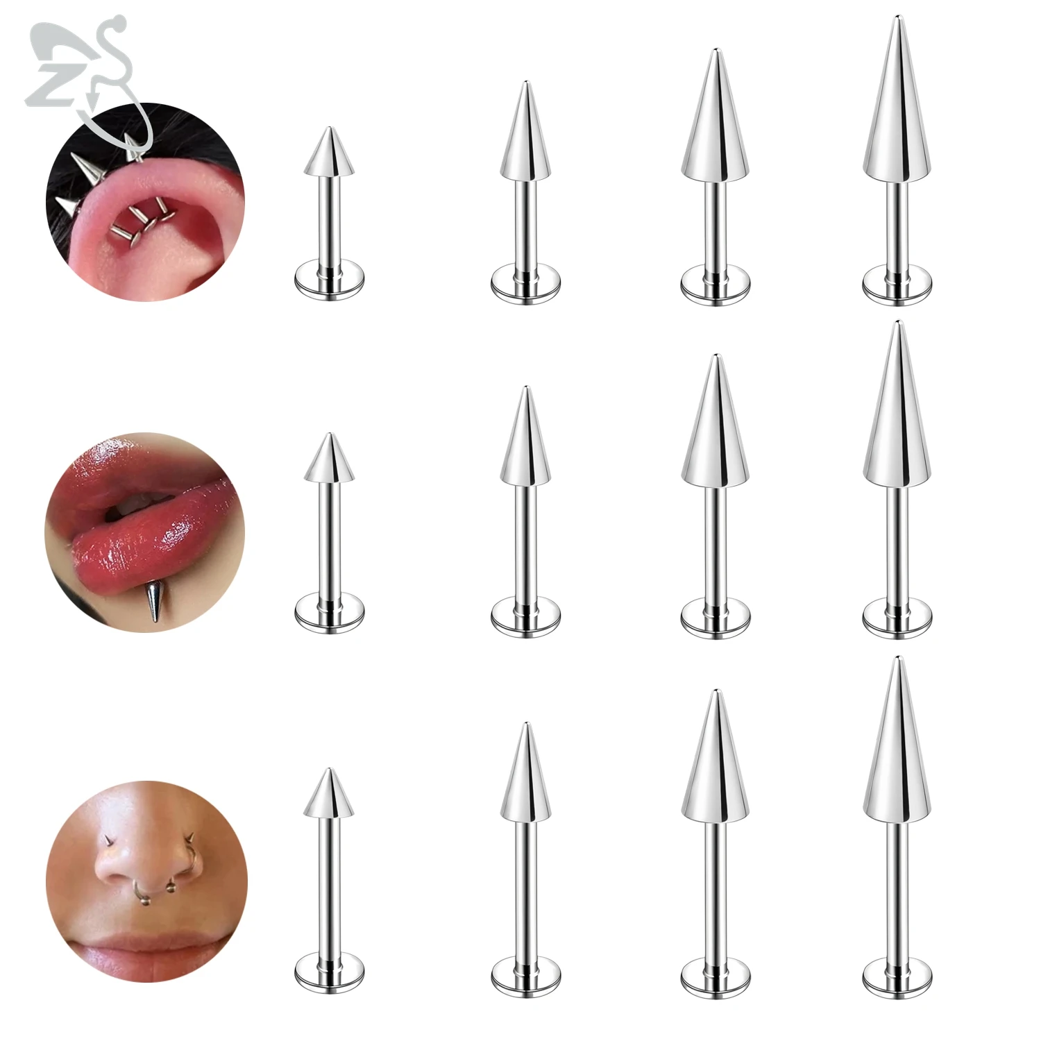 ZS 1 PC 16G/18G Punk Stainless Steel Long Spike Labret Lip Piercing Silver Color Cone Helix Cartilage Earring Piercings Jewelry