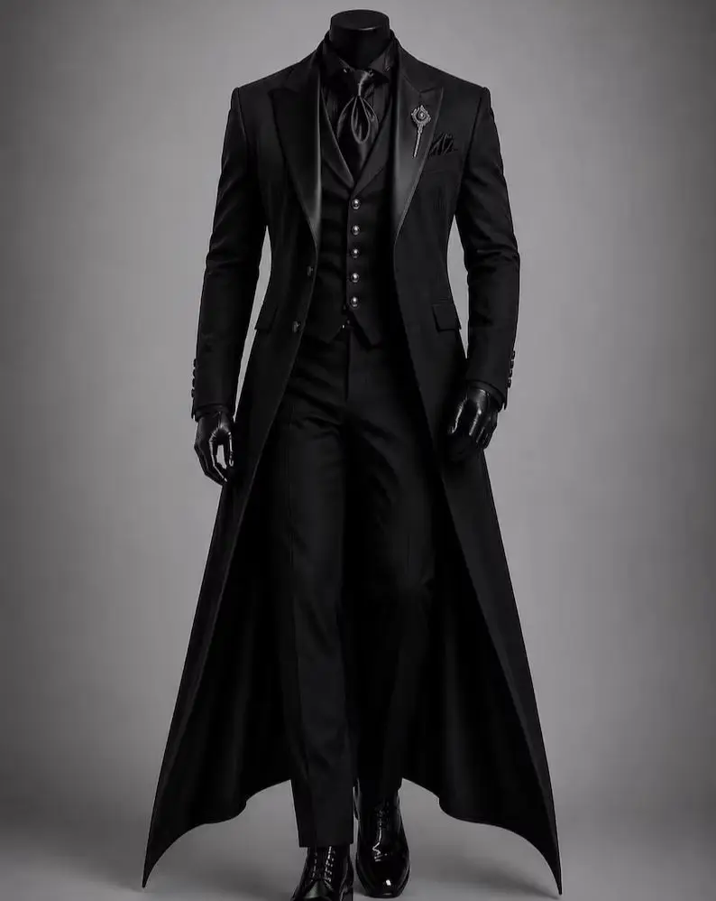 Vintage Victorian Formal Men 3Pcs Suits Tuxedo Black Gothic Long Tail Coat Satin Peak Lapel Jacket Vest Pants Cosplay Customized