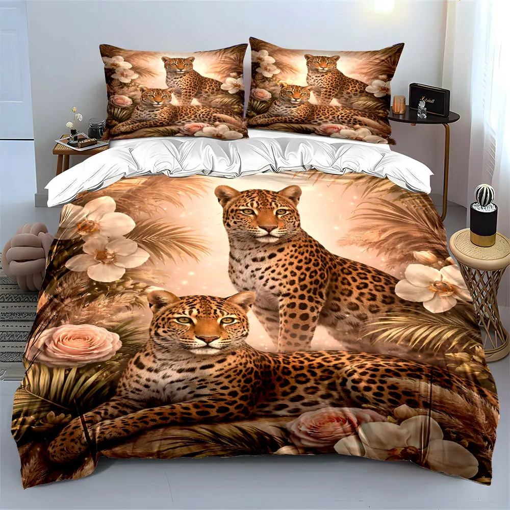 Elegant Leopards with Floral Backdrop Printed Duvet Cover Set 1 Duvet Cover+2 Pillowcase Multi Size Bedroom Bedding Decoration