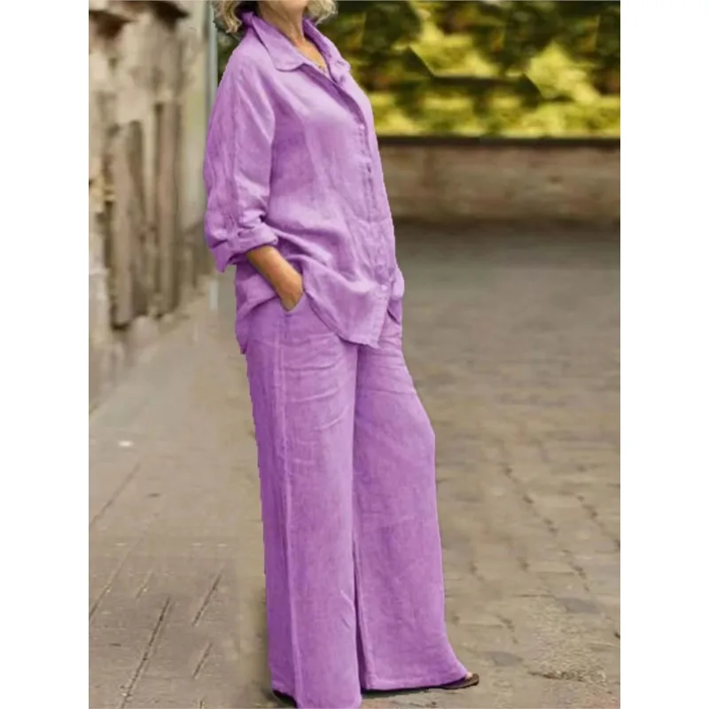Fashion Cotton Linen Shirt Long Sleeved Women's Set Solid Autumn Loose Linen Wide Leg Trousers Female Office 2piece Set