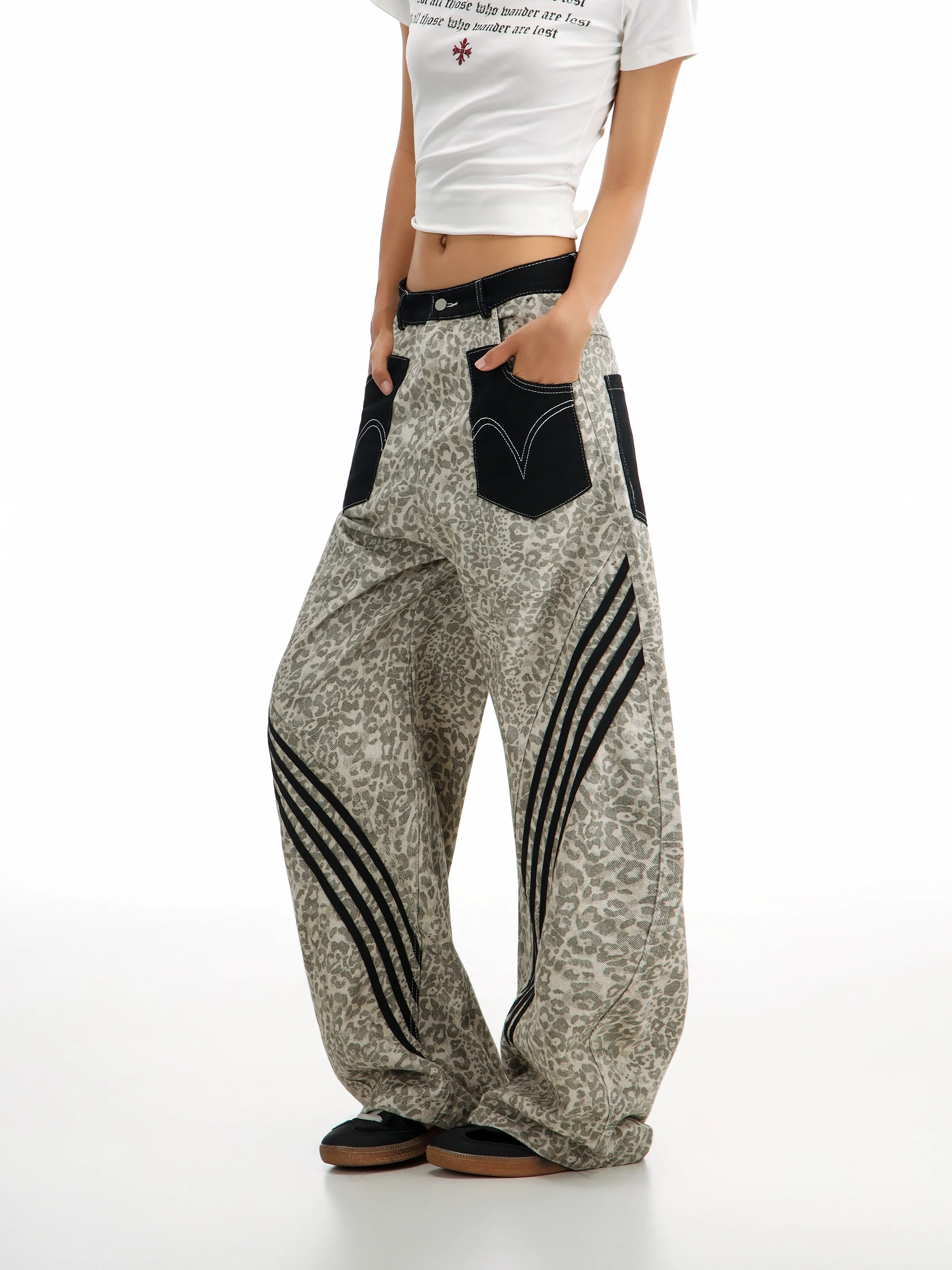 

CaptainBeer American Street Style Leopard Print Wide Leg Pants Women Casual Straight Cut Trousers with Pocket Vintage Cotton