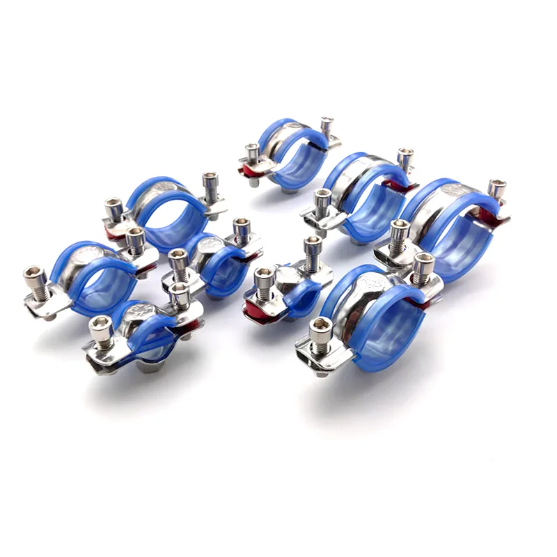 304 Stainless Steel Pipe Clamp with Blue Cushion 19-102mm Tube Holder M8 Thread Fixing Bracket for PVC Hydraulic Plumbing Pipes