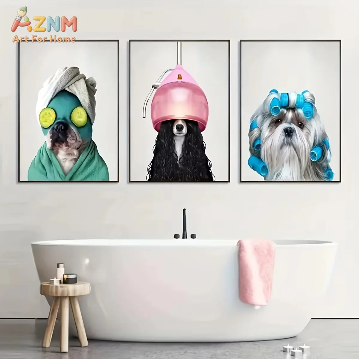 AZNM 3Pcs Funny Spa Dog Canvas Wall Art, Cute Puppy Facial Mask Hair Curlers Dryer Print Frameless Canvas Painting, Humorous Bat