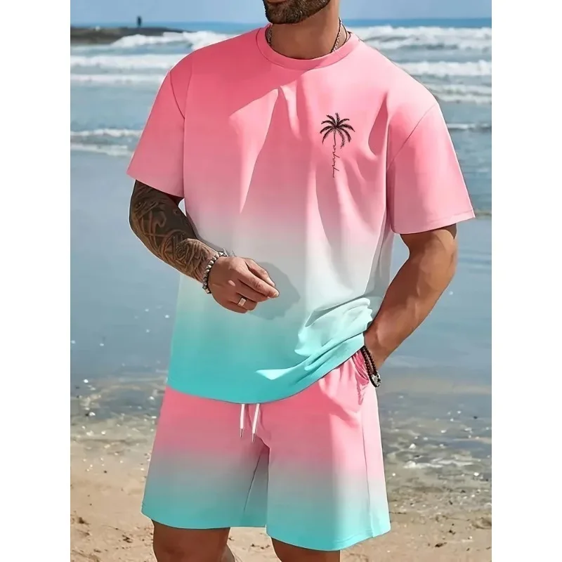 

2025 Coconut Tree and Beer Creative Short Sleeve Top Beach Vacation Shorts Two Piece Set 3D Printed Men's Casual Set