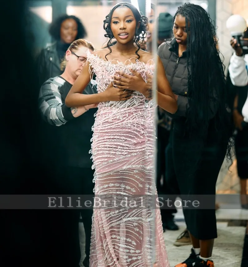 Designer Mermaid Prom Dresses For Black Girls 2026 Strapless Sequin Beading Party Dress African Women Evening Gowns Customized