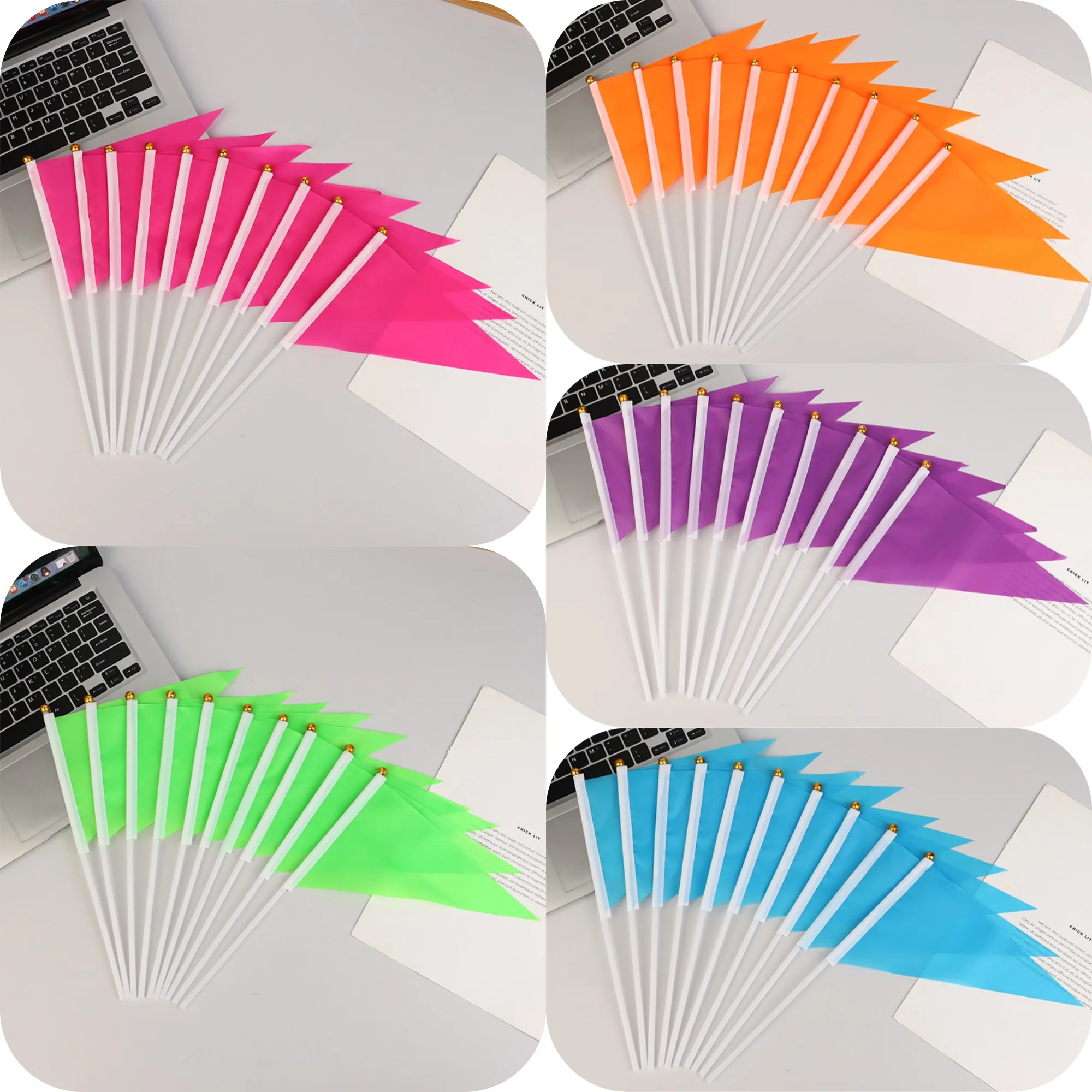 Polyester Hand Held Mini Flag Colorful Triangular Flags With 10 Plastic Flagpoles Hand Waving Flags Outdoor Advertising Flag