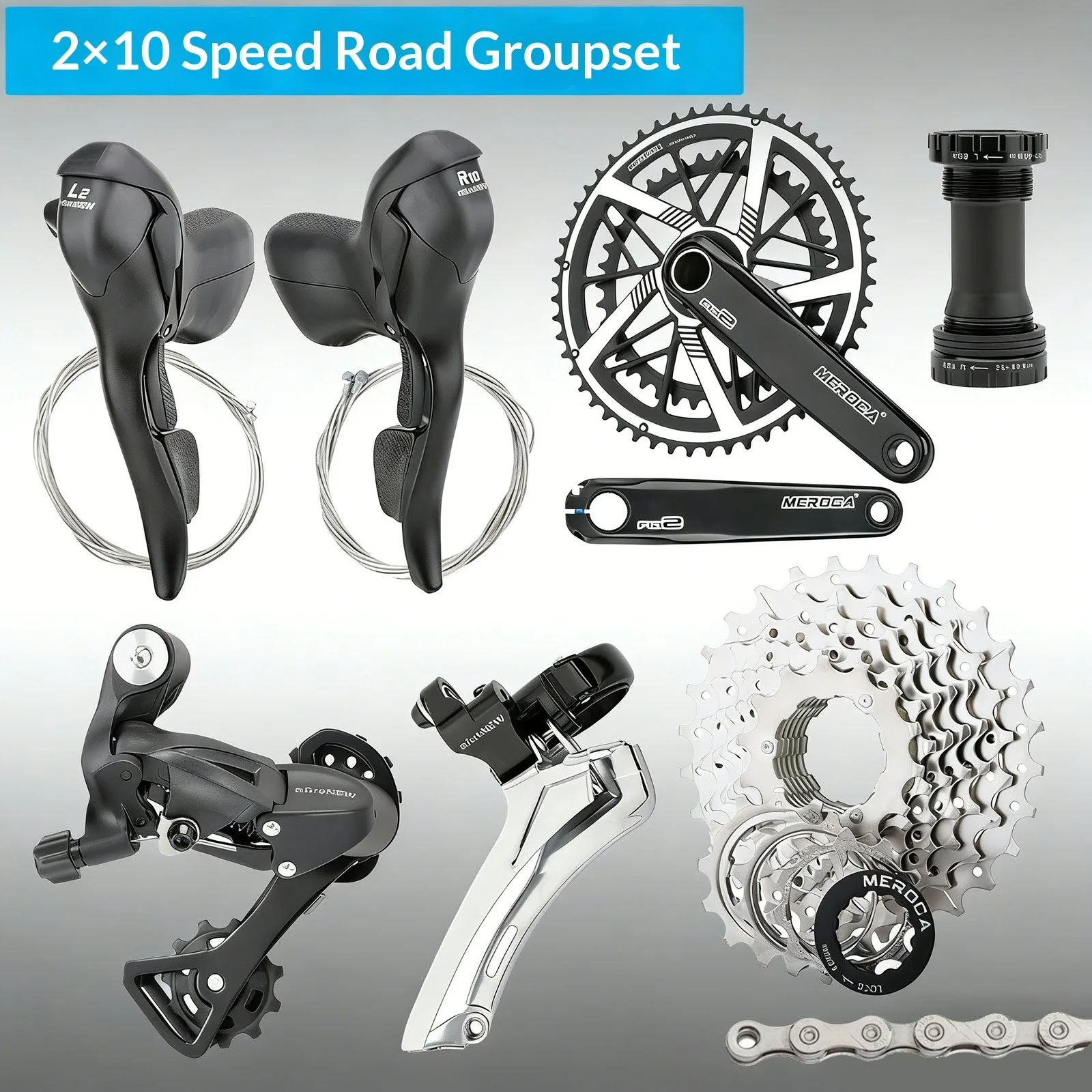 

Комплект для дорожного велосипеда 2×10 скоростей: шифтеры, передний и задний переключатели, кассета, шатуны и цепь, комплект для модернизации