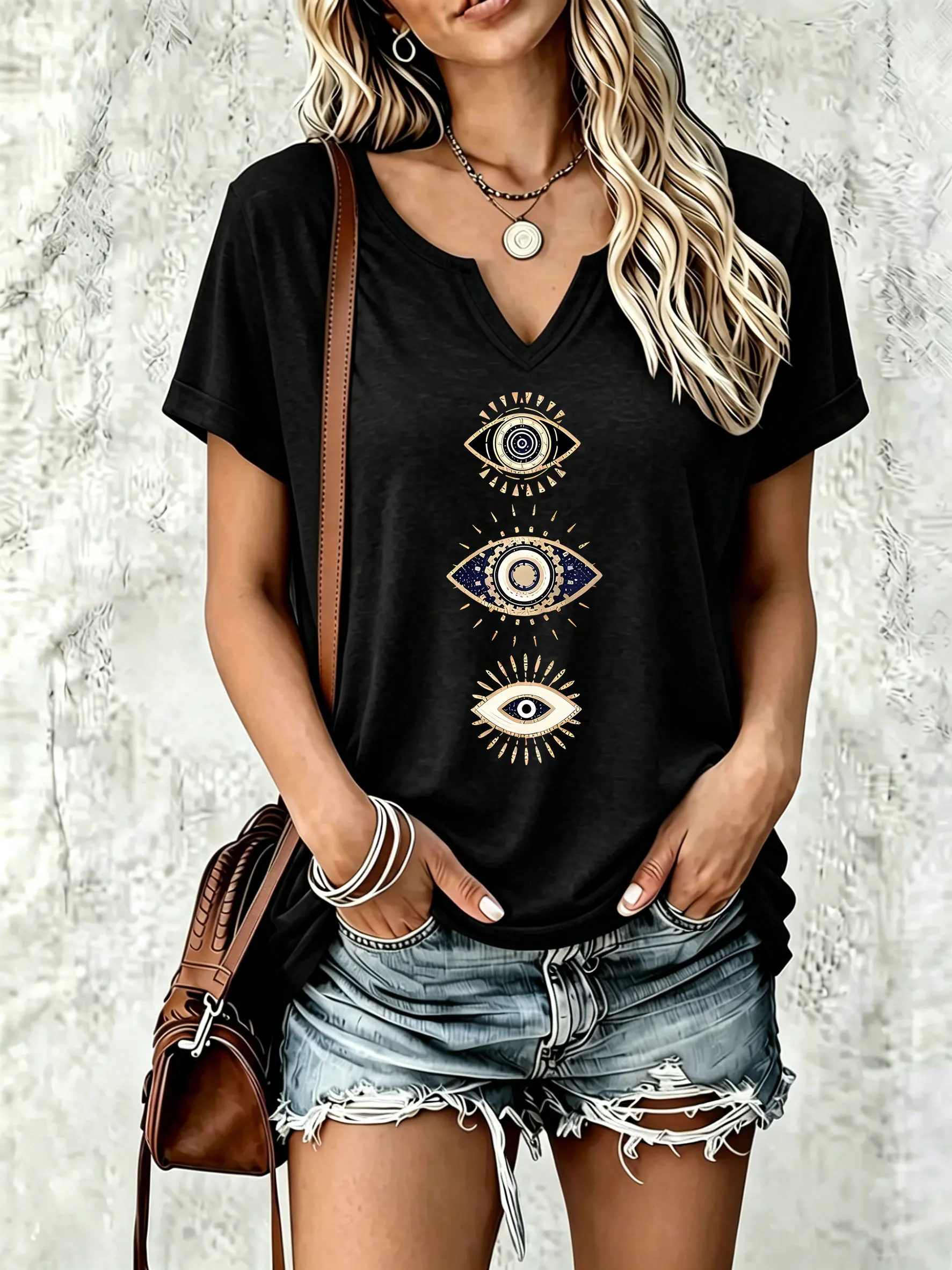 Women Summer Notch V Neck Short Sleeve T-Shirt, Triple Evil Eye Bohemian Mystic Graphic Print Casual Daily Boho Style Tee