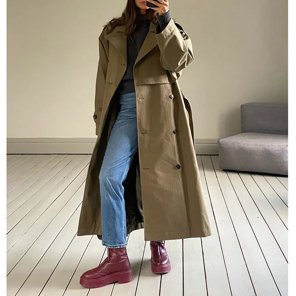 Women\'S Retro Commuter Versatile Casual Loose Temperament Fall Jacket Silhouette Double-Breasted Trench Coat Long Senior