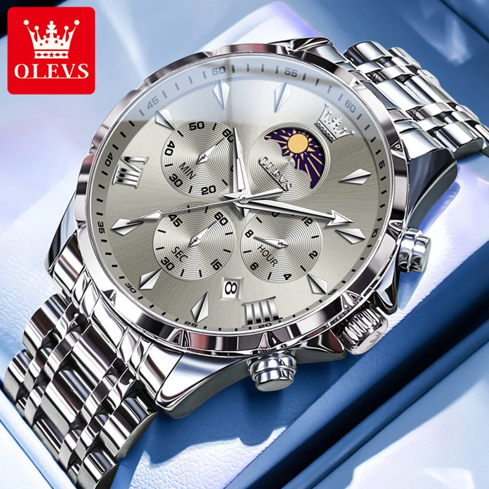 

OLEVS мужские часы водостойкие светящиеся фазы Луны календарь мужские наручные часы из нержавеющей стали серые кварцевые мужские часы + коробка Reloj 2025