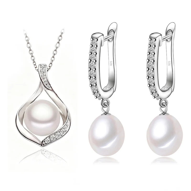 Black Natural Freshwater Pearl Necklace Earrings Set Women,Dangling 925 Sterling Silver Pearl Jewelry Set Mother Wife Gift White view 4