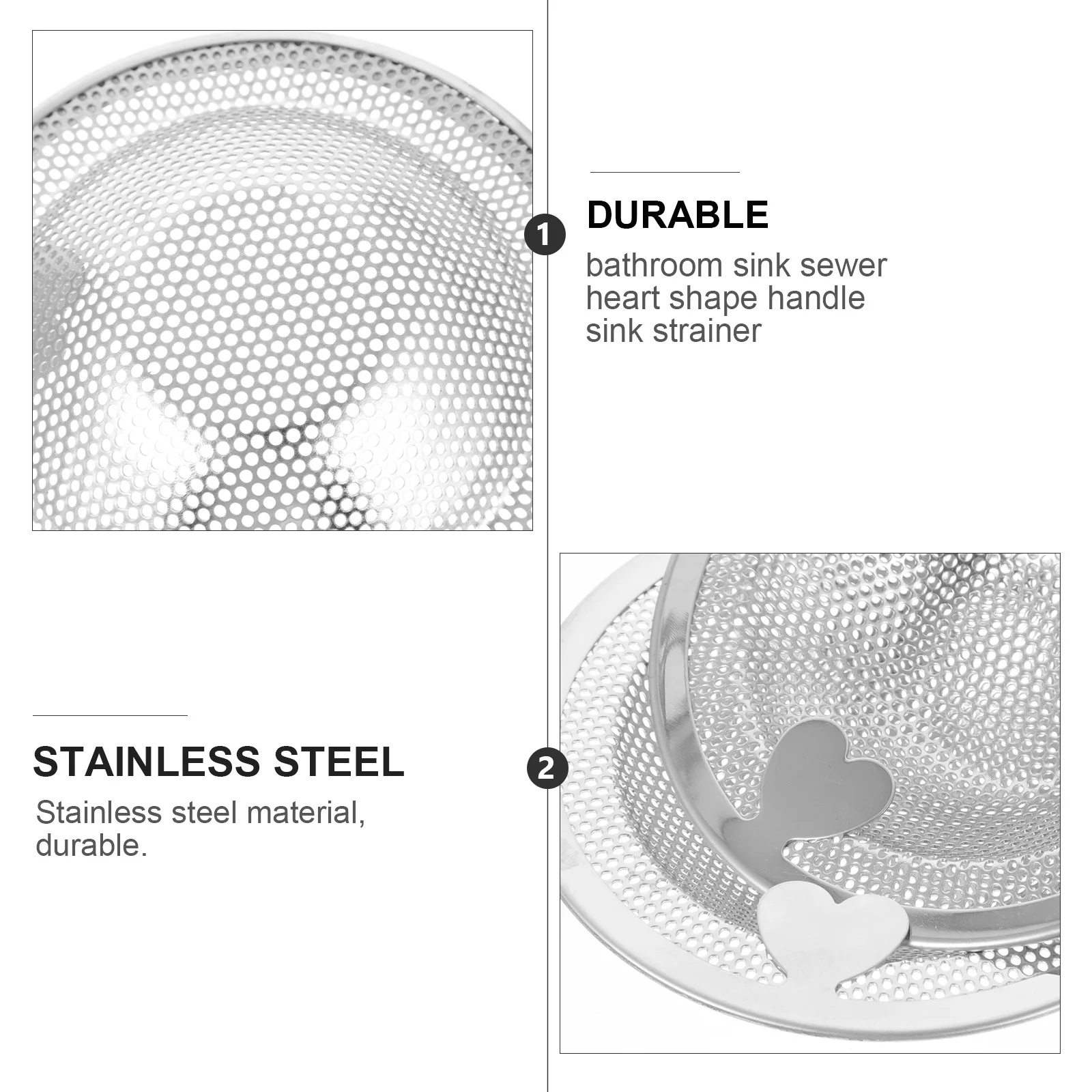 2Pcs High-Quality Sink Strainers Heart Shape Handle Kitchen Bath Floor Drains Anti-Clog Filter Basket Practical
