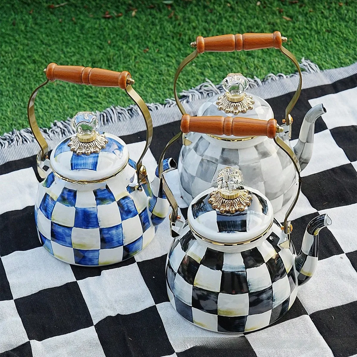 Grey White Checkered Enamel Teapot Retro Checkerboard Pattern Kettle with Wooden Handle Crystal Lid Knob Water Pot Home Teapot