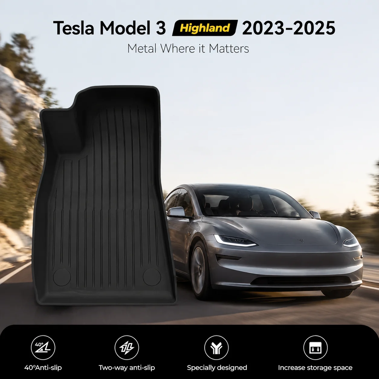 Maßgefertigte TPE-Gummi-Fußmatten für Tesla Model 3 Highland 2023-2025 Allwetter Rutschfest Wasserdicht Schwarzes Interieur-Zubehör