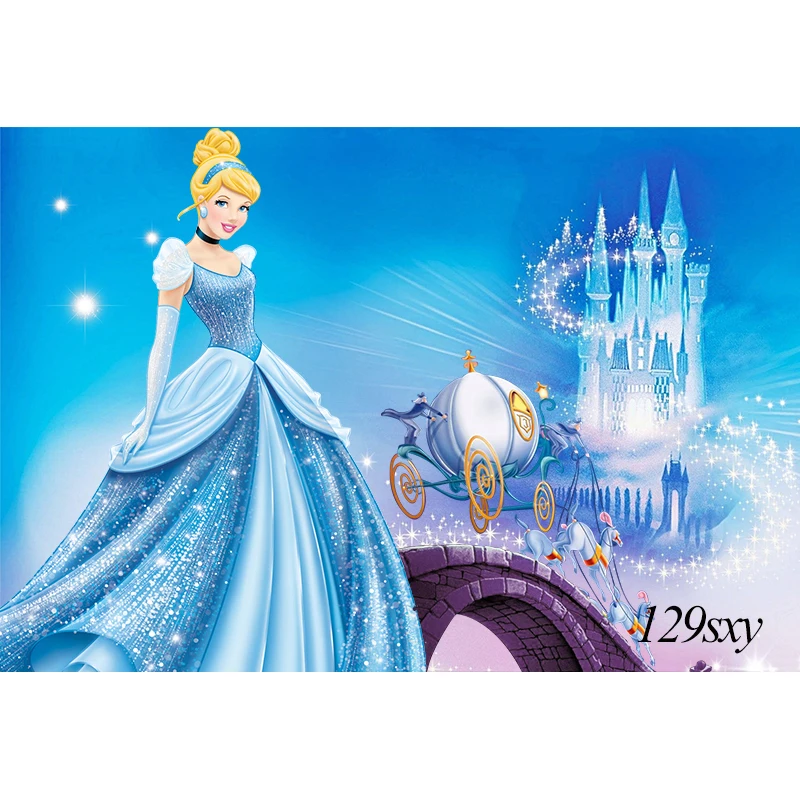 Blue Dress Blonde Princess Cinderella Backdrop Girls Birthday Party Decor Banner Clock Background Baby Shower Photocall