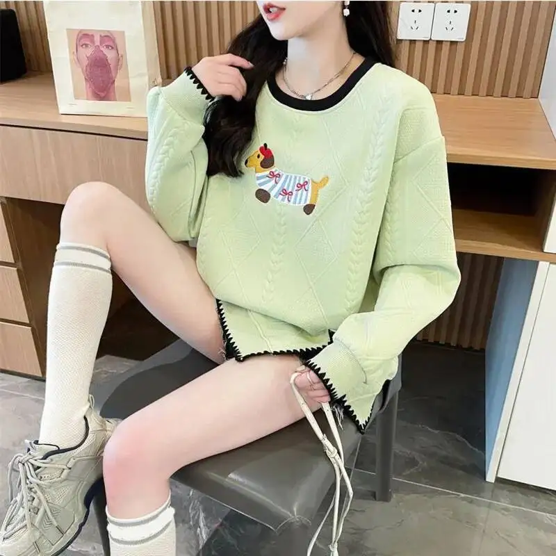 Street Fashion Hoodies Women Spring Autumn Trendy Split Hem O-neck Sweatshirt Cartoon Cute Dog Embroidery Casual Pullovers