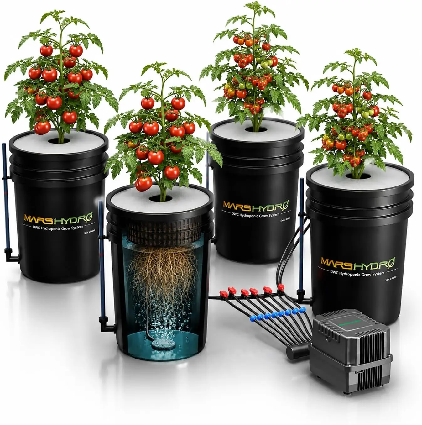 Deep Water Culture Hydroponic 4 Bucket System 5 Gallon Capacity Air Pump Air Stone Hose 11W Drip Recirculating Top DWC Pump
