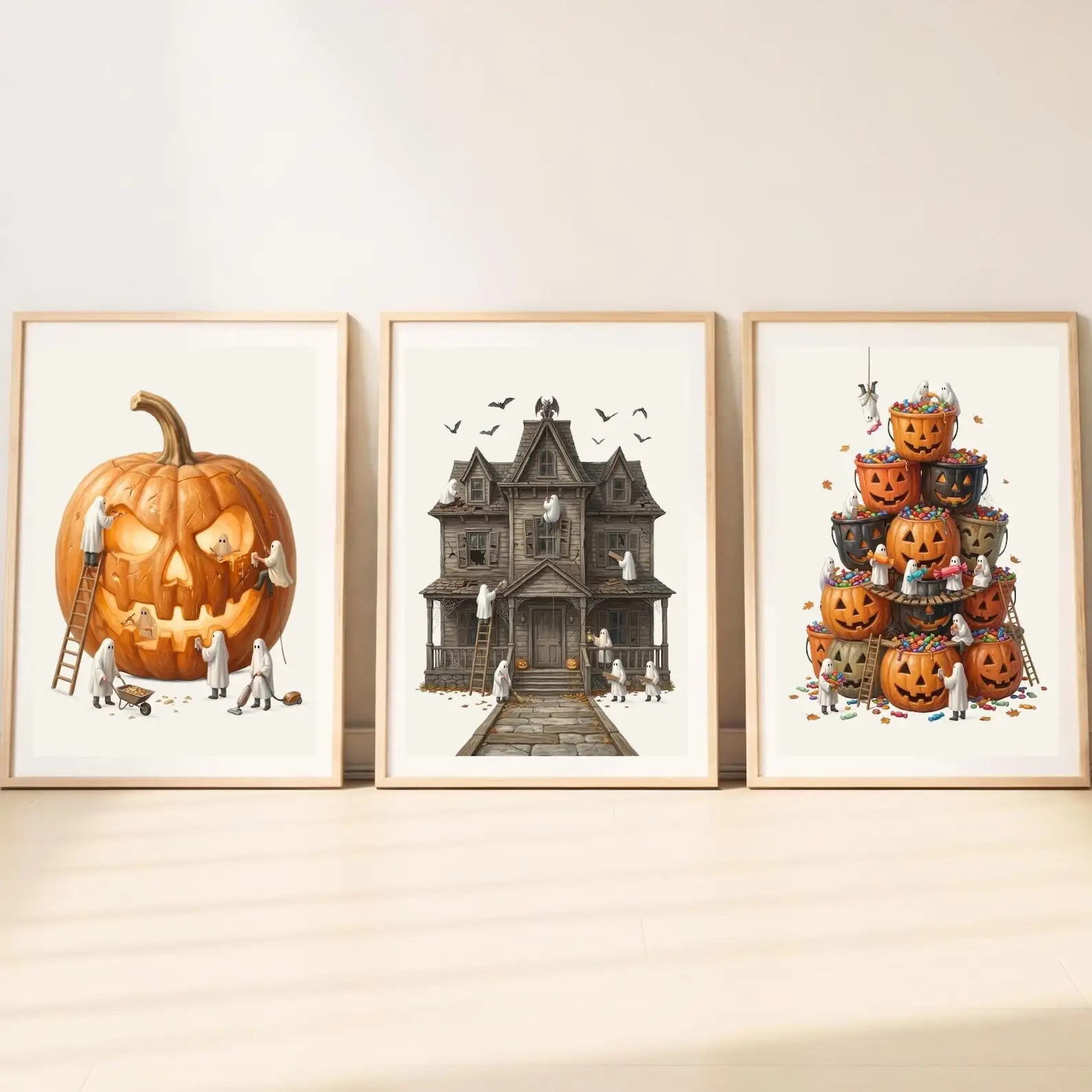 3Pcs Cute Ghost Halloween Canvas Wall Art Set, Pumpkin Haunted House Print, Neutral Spooky Cottagecore Bedroom Living Room