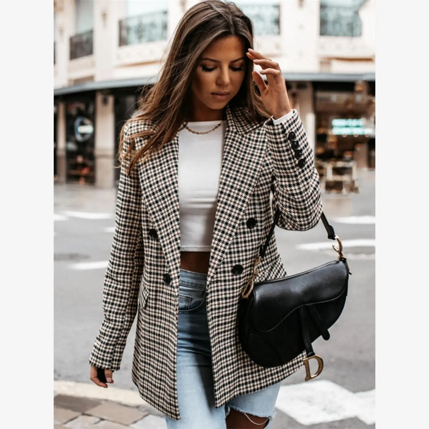 

2023 Faion Women's Suit Jaet Casual Outerwear Ladies Coat Straight Cut Polyester Long Sve Double Breasted Plaid