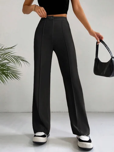 Imagen 1 del producto Pantalones de pierna recta de cintura alta lisos para mujer, pantalones elegantes e informales cómodos con botones y cremallera para uso diario, pantalones para mujer