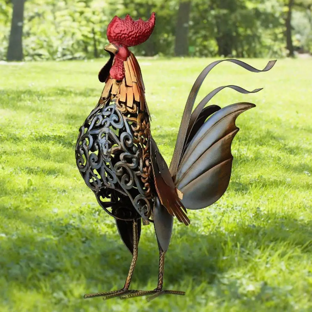 Iron Cockerel Rooster Statue Handmade Metal Garden Sculpture Decorative Bird Figure for Garden Decoration Props