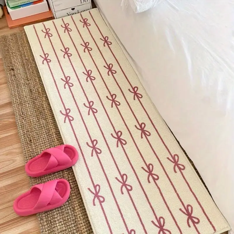 VIKAMA Bow Stripe Runner Rug Cute Bow Print Fluffy Non Slip Long Floor Mat Bedroom Bedside Dresser Home Decor Carpet