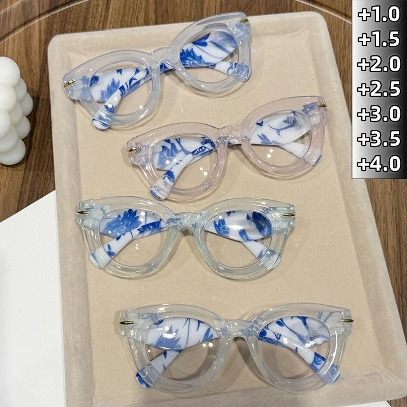 

Chinese-style Blue and White Porcelain Printed Reading Glasses Fashionable Transparent Frame Anti-blue Light Eyeglasses