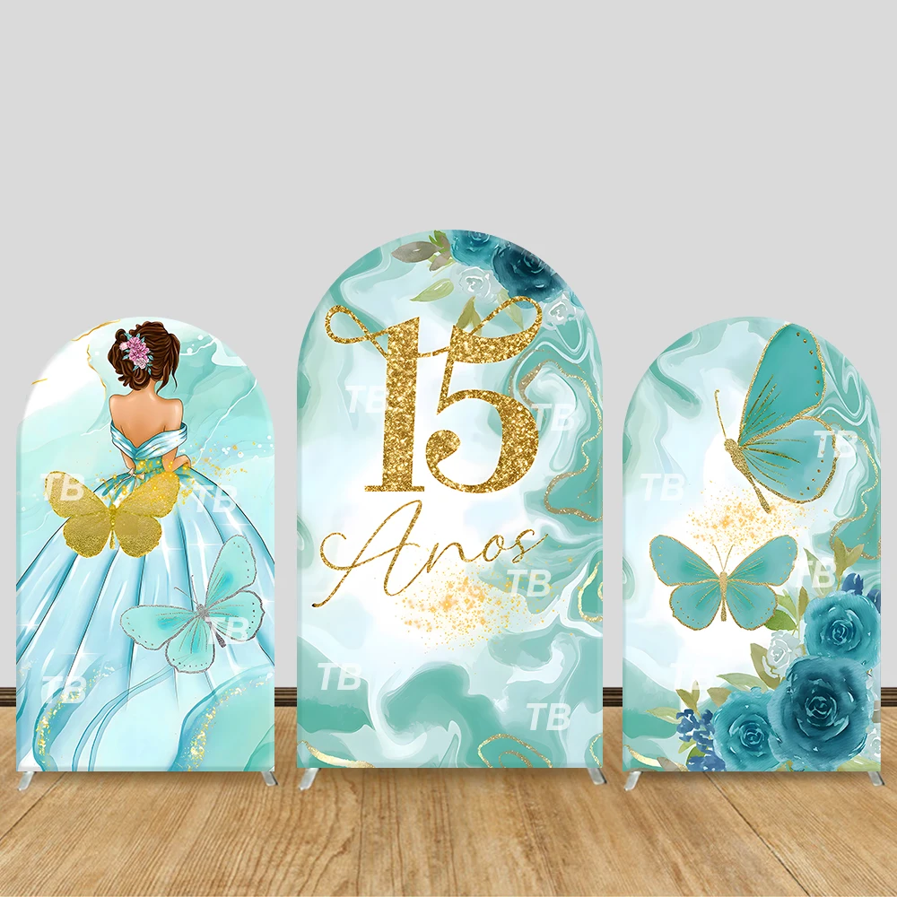 

15th Birthday Party Arch Backdrop Cover Wardrobe Blue Butterflies with Rose Gold Decorations, Photo Booth Supplies
