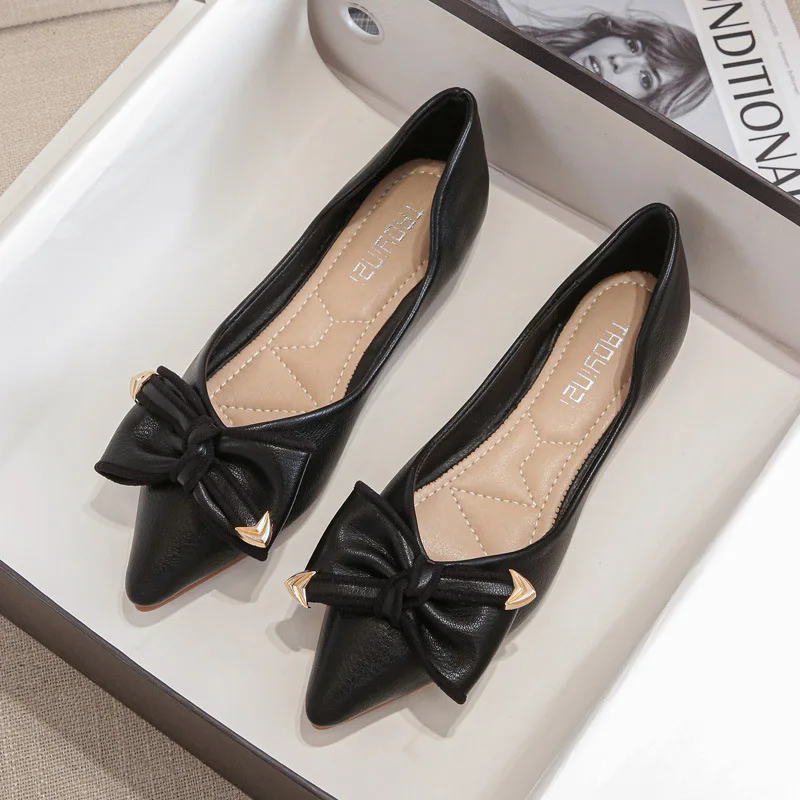 Big Size 33-43 Women Girls Flats Low Heel Bowknot Pumps Office Lady Leahter Shoes Slip on Female Boat Shoes Ballet Flats 268-1