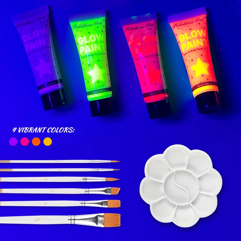 10ml UV Neon Body Paint 4pcs Set with 6 Brushes Colors Palette,Fluorescent Glow Party Makeup,Bright Neon Colors,Safe & Washable