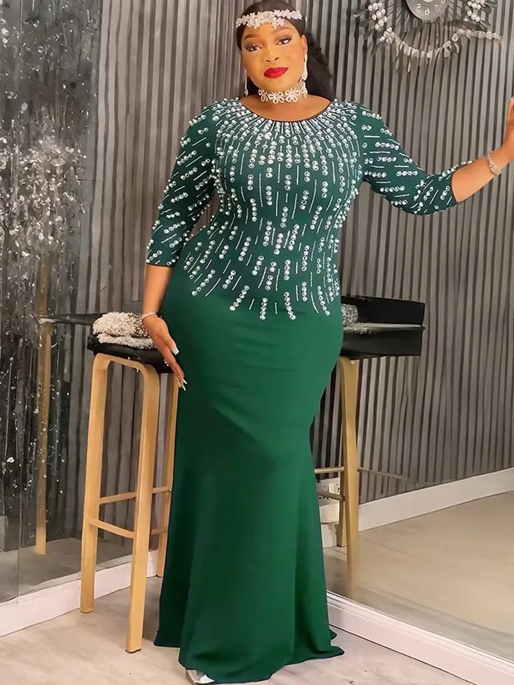 Vestidos de talla grande para mujer elegante fiesta Color sólido diamante vestidos de noche largos Maxi vestido de manga larga venta al por mayor Dropshipping
