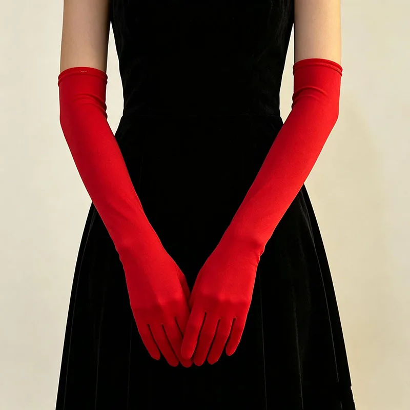 Solid Elasticity Spandex Women Long Gloves Red Christmas Party Bride Wedding Ceremony Opera Cosplay Stage Performance Gloves