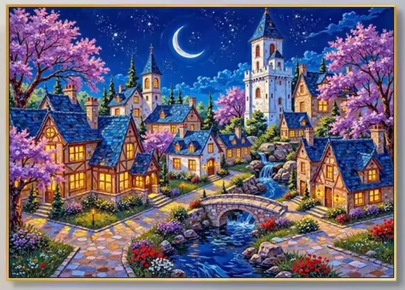 Pintura de Diamantes sin Marco, Aldea de Fantasía Nocturna, Casa de Madera con Luz Cálida, Puente de Piedra con Sakura Púrpura, Cielo Estrellado, Arte de Pared, Regalo