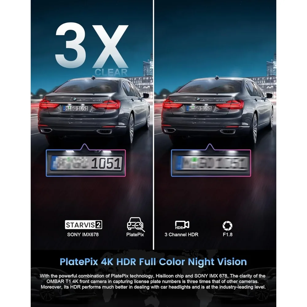 كاميرا OMBAR T1 4K ذات 3 قنوات، أجهزة استشعار STARVIS 2 IMX678، بطاقة 128 جيجابايت مجانية، رؤية ليلية HDR كاملة الألوان جديدة 2025، 4K+1080P+1080P