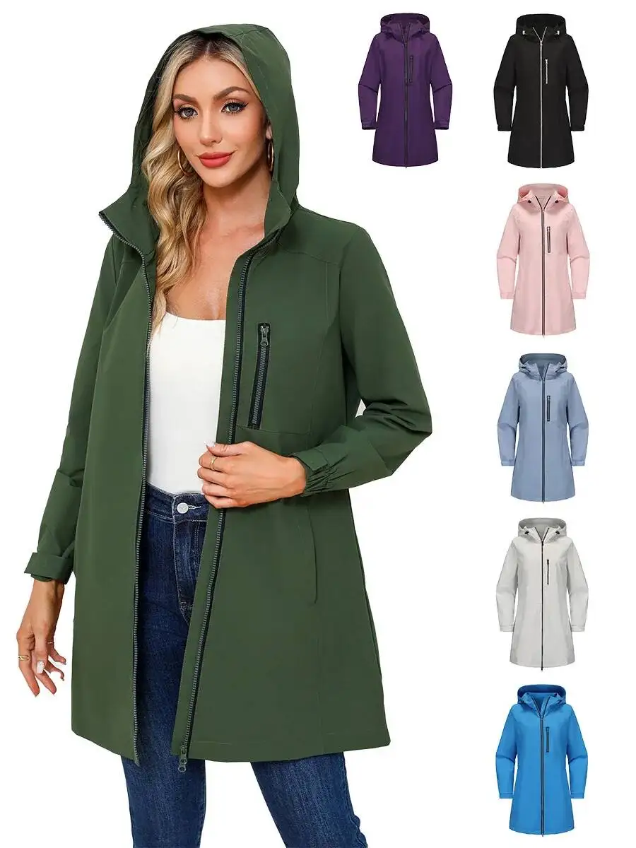 Water-Resistant Outdoor Windbreaker Women's Hooded Long Sleeve Casual Loose Fit Spring Autumn Jacket Polyester Fabric