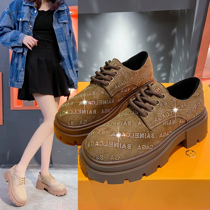 High Appearance Level Lace-up Muffin Thick Bottom Fashion Rhinestones Fashion All Comfortable Non-slip Breathable Women's Shoes