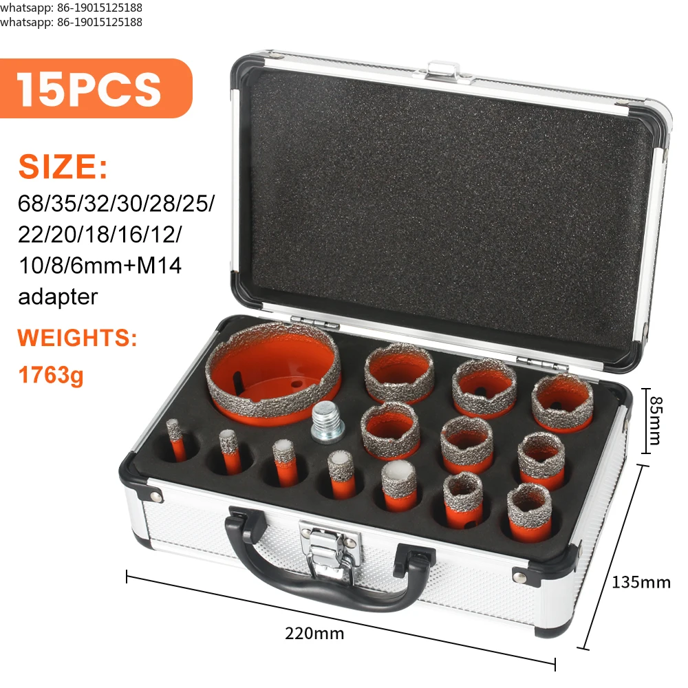 M14 Thread Diamond Dry Vacuum Brazed Drilling Core Drill Bits Set Porcelain Cup Saw Tiles Granite Marble Hole Saw Tools 15Pcs