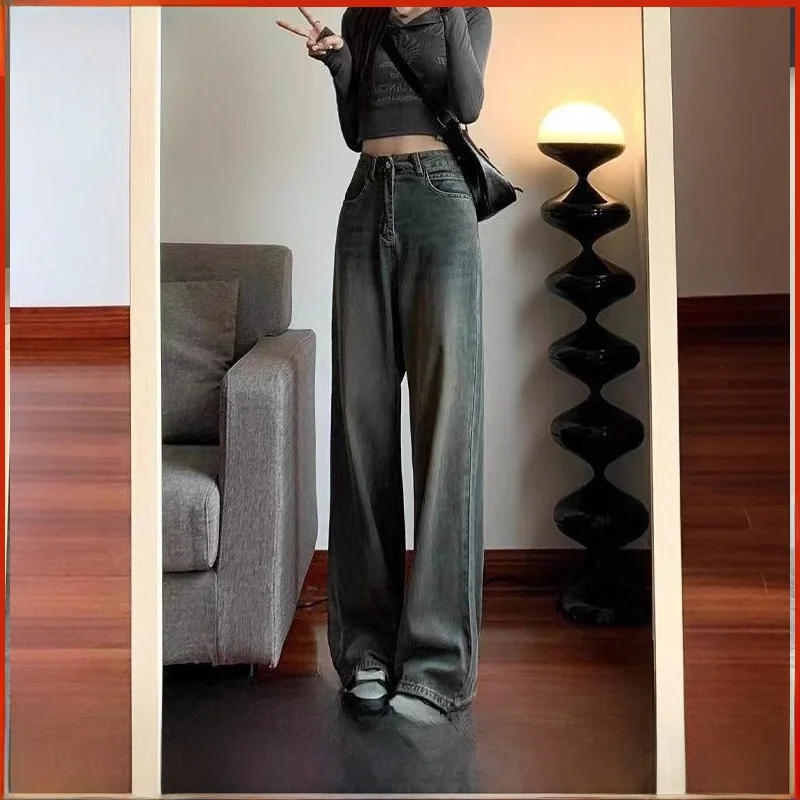 

Slim Straight High Waist Wide Leg Jeans Women's Blue ey Narrow Version Casual Sle No Brand Series Denim Fabric Micr...