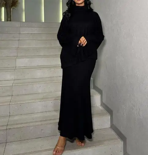 

Women Fashion Skirt Set 2025 Latest Autumn Knitted Elegant High Neck Loose Long Sleeve Knitted Top Sexy Tight Fishtail Skirt Set