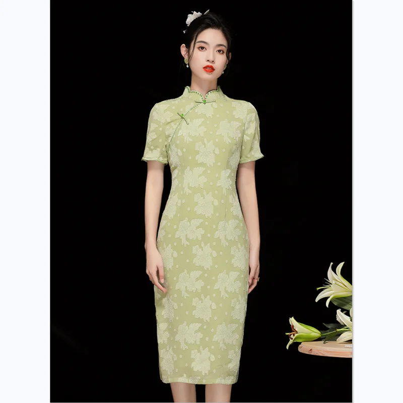 

Vintage Dress Chinese Style Women Summer High Quality Jacquard Stand Collar Short Sleeve Fashion Improved Cheongsam