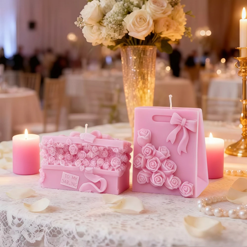 3d rosa caixas de presente vela molde bonito floral rosa presente saco sabão resina molde para casamento dos namorados resina vela fazendo molde