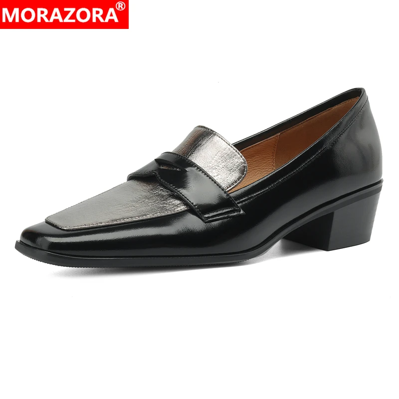 

MORAZORA 2024 NEW Genuine Leather Shoes Women Pumps Square Toe Mid Heels Slip On Ladies Office Dress Shoes