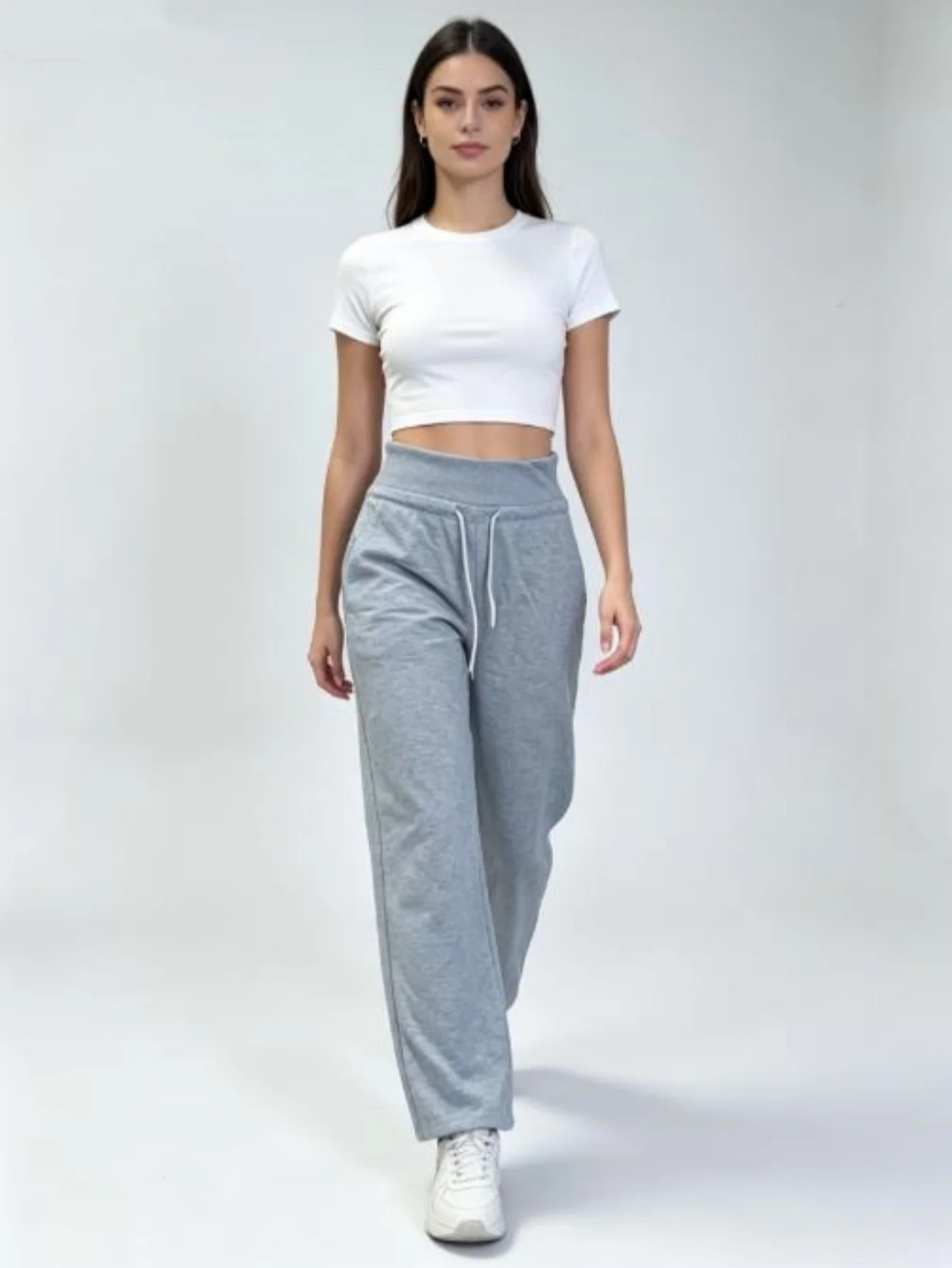 Damen-Sweatpants mit hoher Taille, weitem Bein und Kordelzug, in Grau meliert, weiche Stretch-Cargohose mit Taschen, Lounge-Hose – Detail 4
