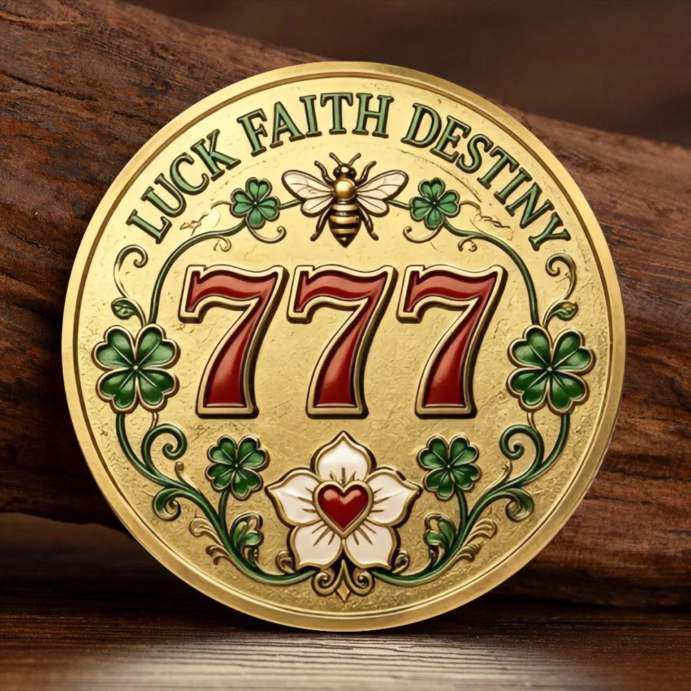 2D 777 Lucky Number Commemorative Coin Four‑Leaf Clover Bee Gold Plated Challenge Coin Luck Faith Destiny Good Luck Gift